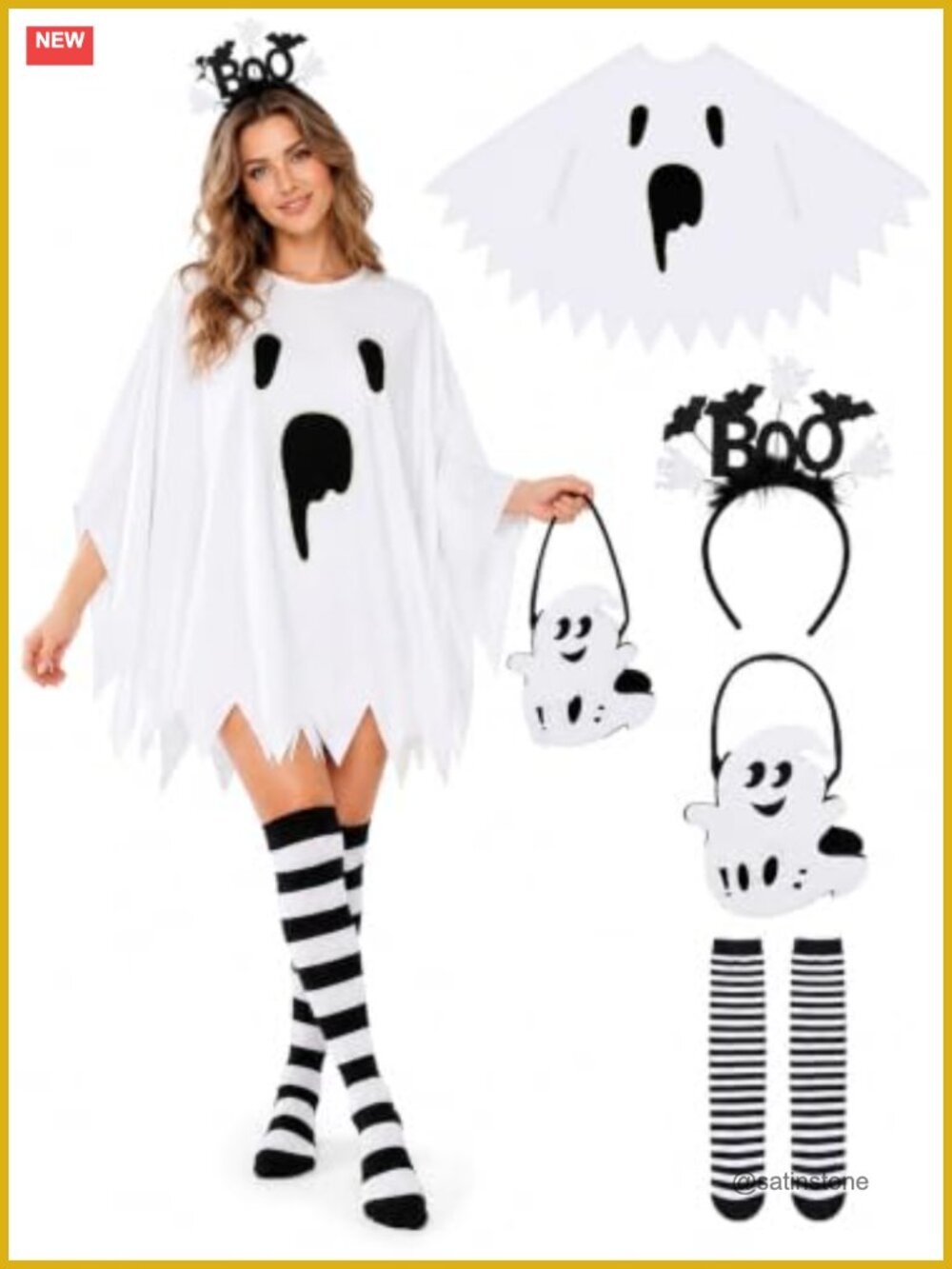 Women's Ghost Poncho Costume 4-Piece Set Glow-in-the-Dark Halloween